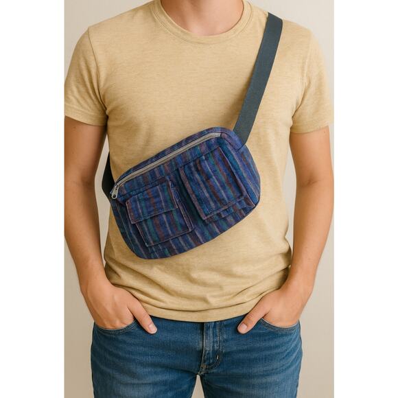 Boho Striped Corduroy Fanny Pack Crossbody Waist Belt Bag Adjustable Strap - Picture 7 of 7